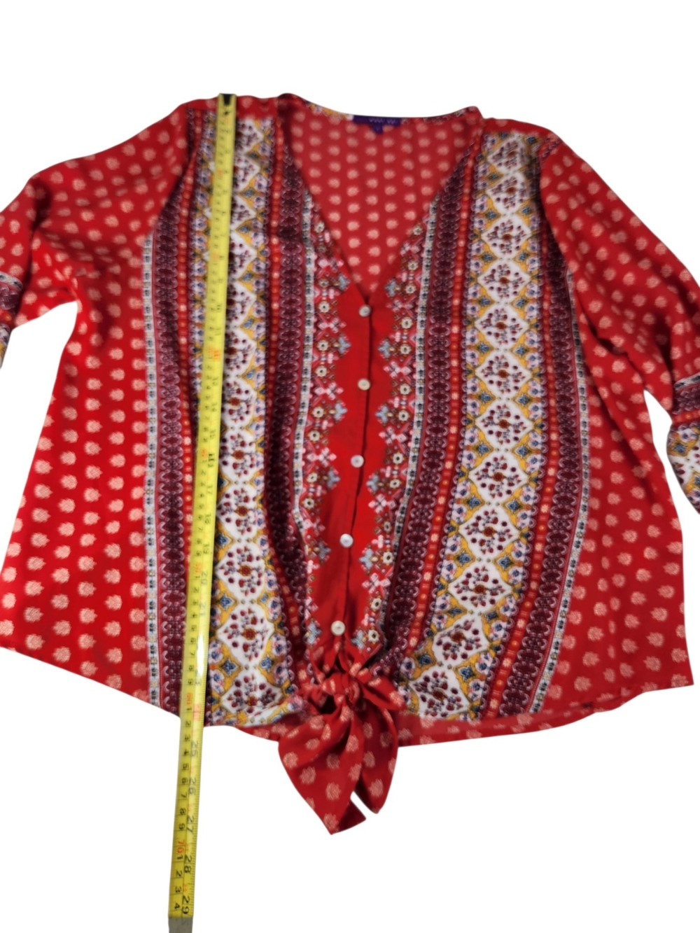West Kei Women’s L Red Boho Mixed Print Tie Front Blouse 3/4 Sleeve Flowy Fall - Picture 12 of 12
